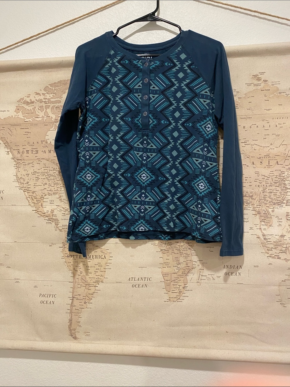 Ariat Black Henley with Teal and Mint Aztec Print